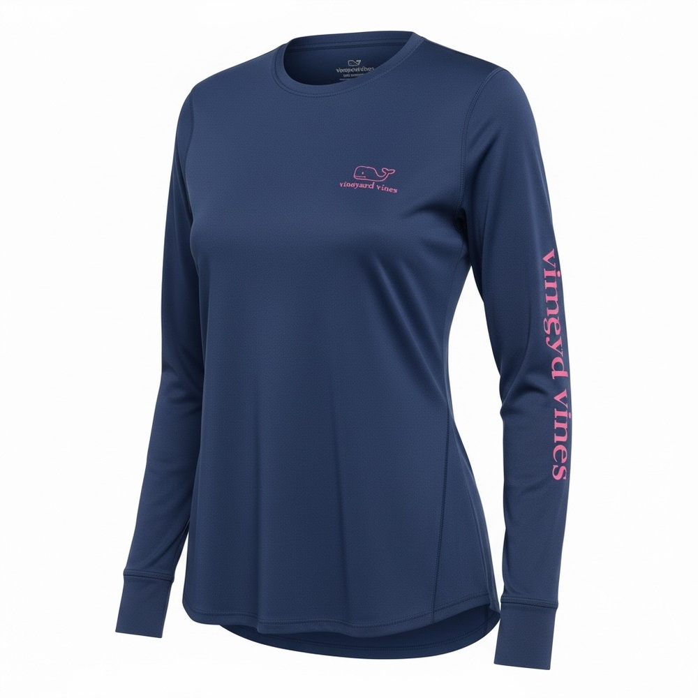 Vineyard Vines Navy Long Sleeve Performance Tee with Pink Logo